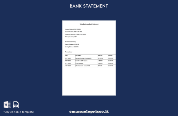 stile verificato Modello di parole per estratto conto bancario Wise nel Regno Un